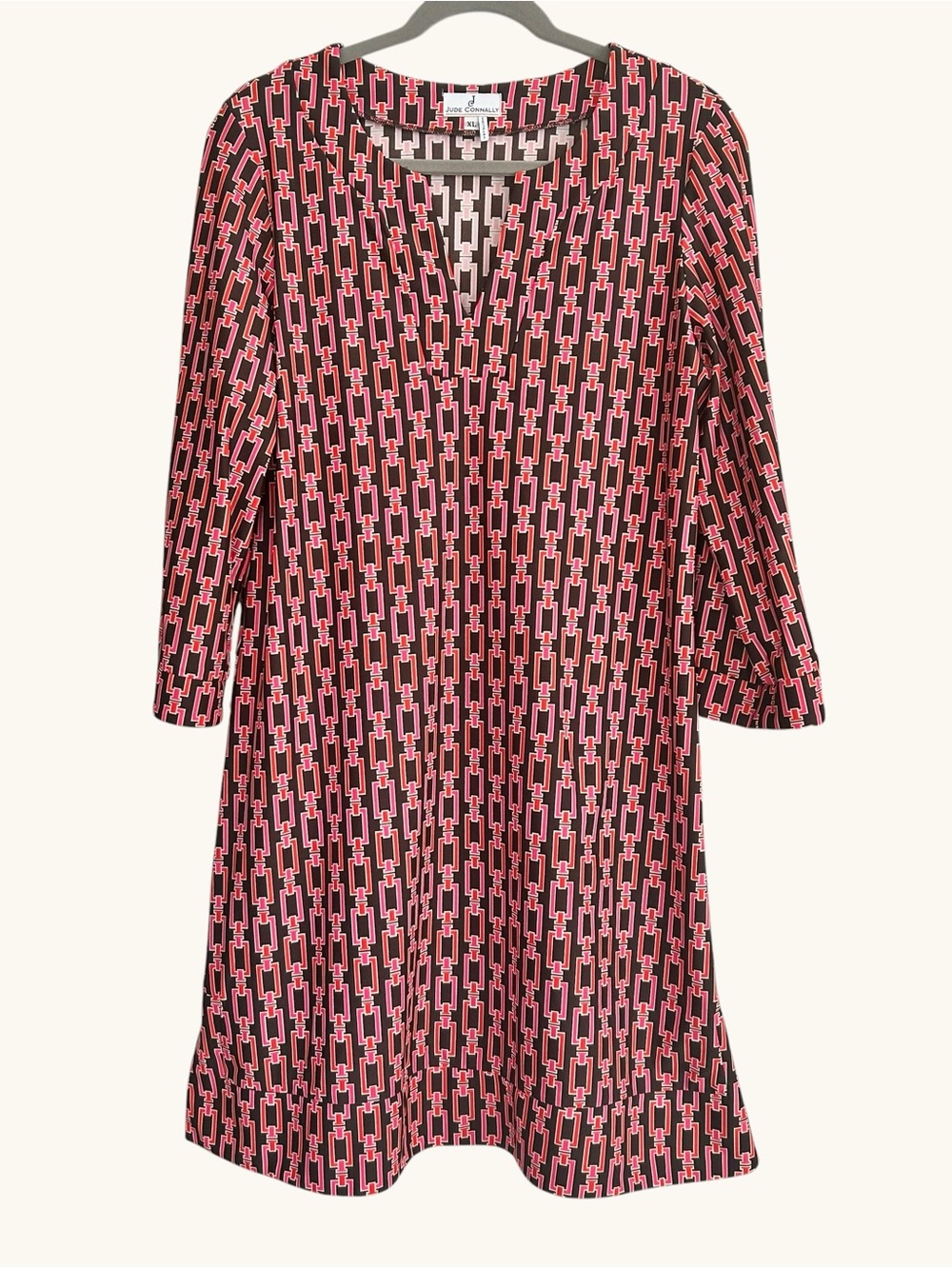 Jude Connally XL Geometric Print Tunic Dress Pink Brown Orange Stretch Made USA